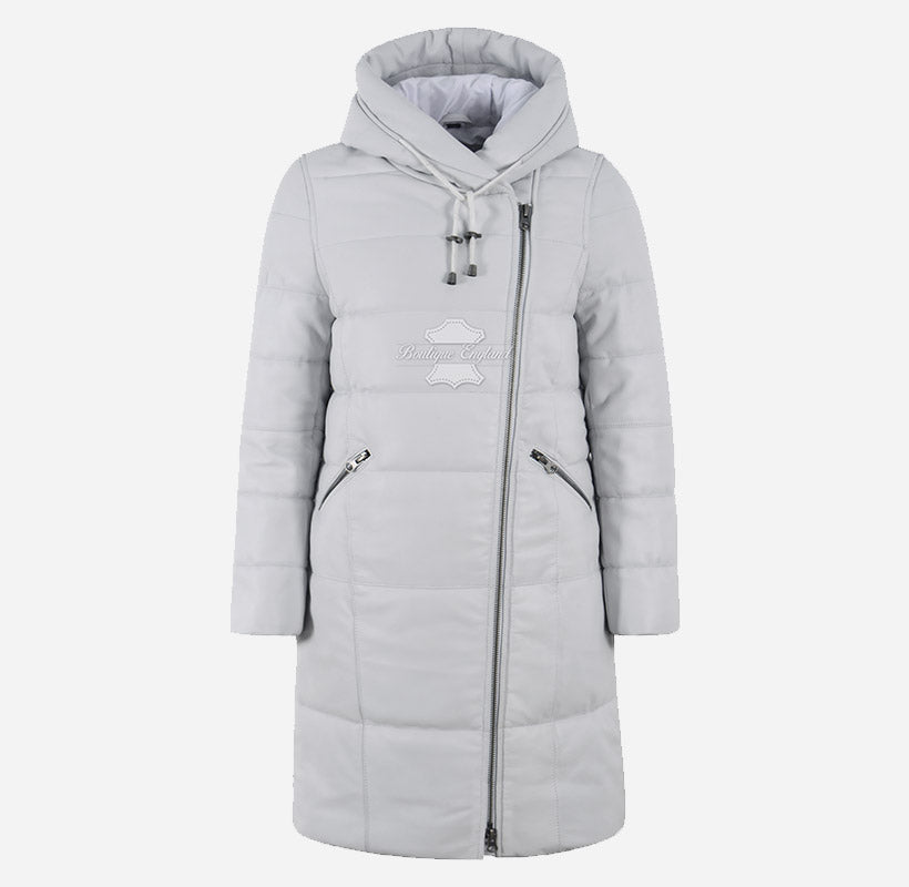 TERRIL Women Leather Puffer Hooded Duffle Coat White