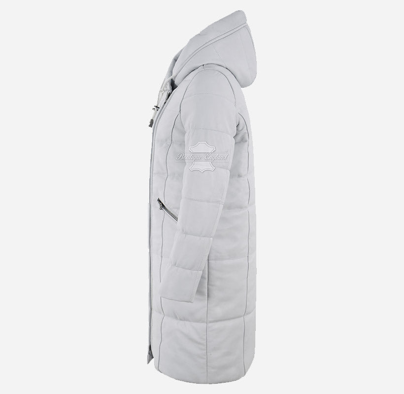 TERRIL Women Leather Puffer Hooded Duffle Coat White