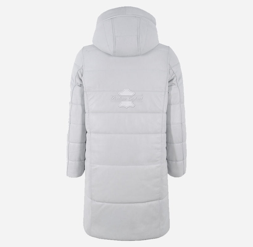 TERRIL Women Leather Puffer Hooded Duffle Coat White