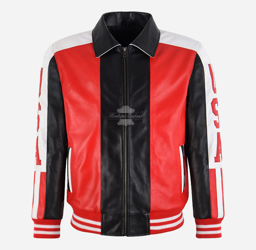 90's Style USA American Flag Leather Bomber Jacket For Men's