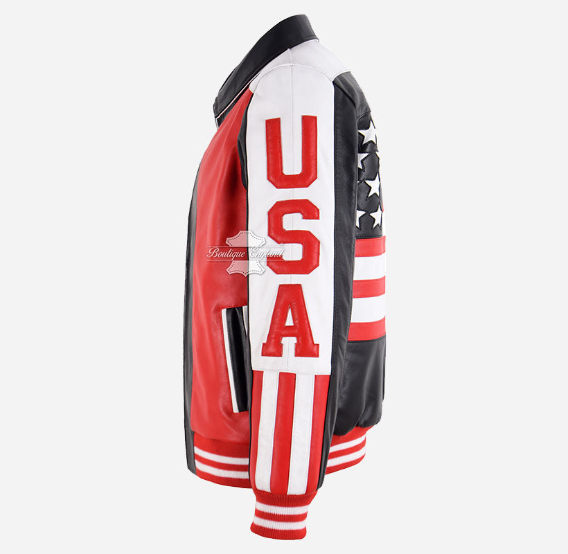 90's Style USA American Flag Leather Bomber Jacket For Men's