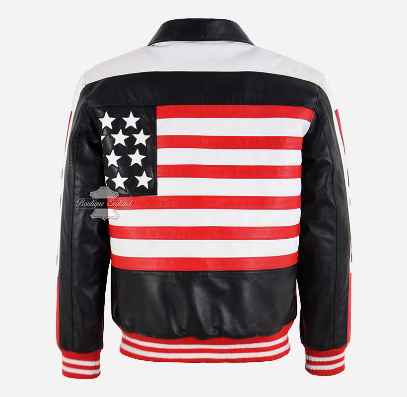 90's Style USA American Flag Leather Bomber Jacket For Men's