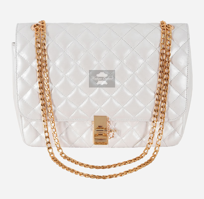 Women’s Quilted Leather Shoulder Bag with Gold Chain Strap