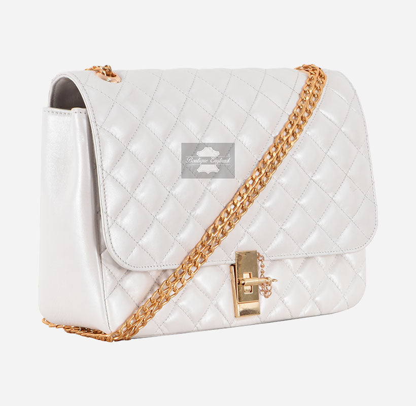 Women’s Quilted Leather Shoulder Bag with Gold Chain Strap