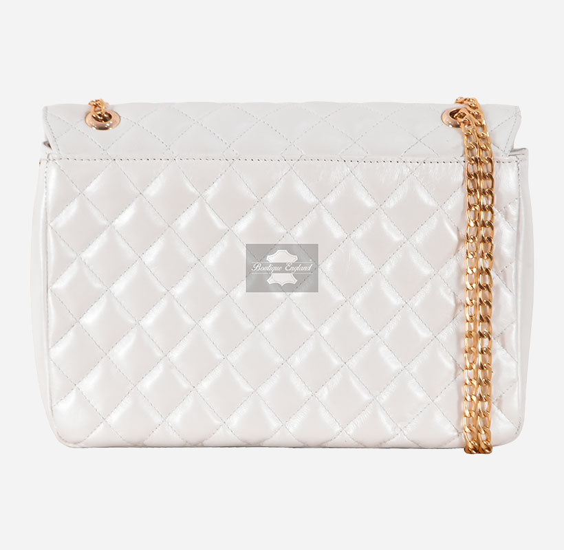 Women’s Quilted Leather Shoulder Bag with Gold Chain Strap