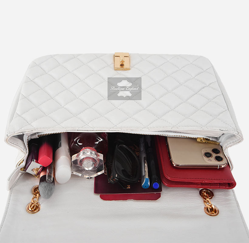 Women’s Quilted Leather Shoulder Bag with Gold Chain Strap