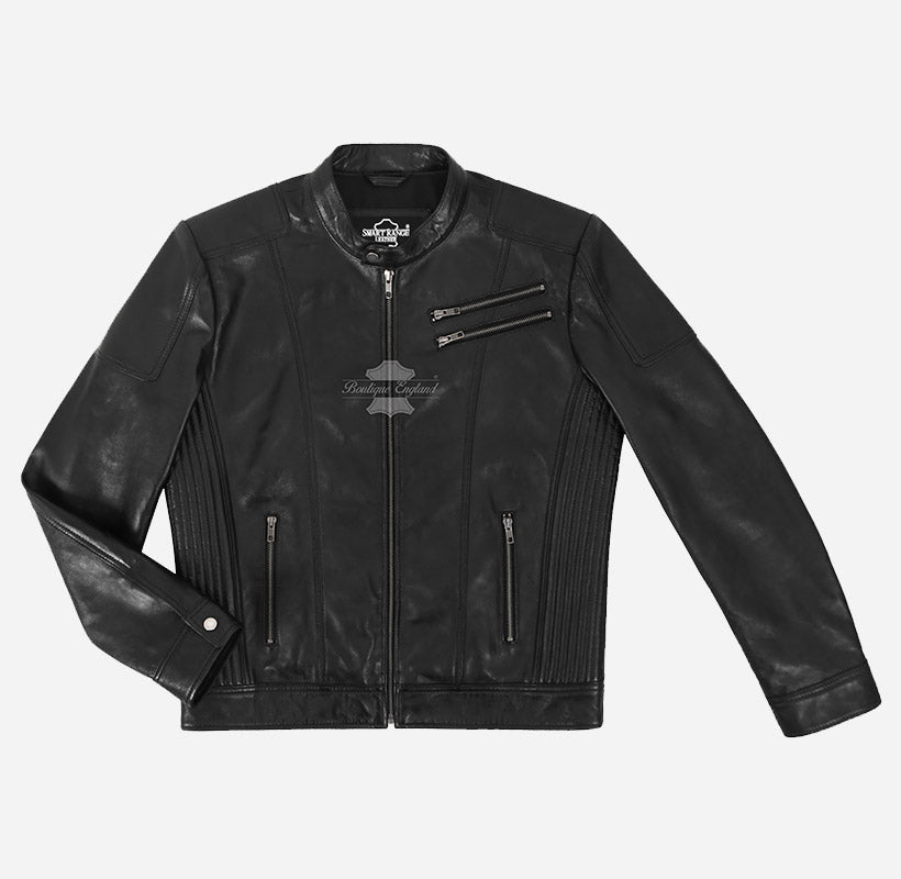 BANNING Men's Leather Racer Jacket in Black