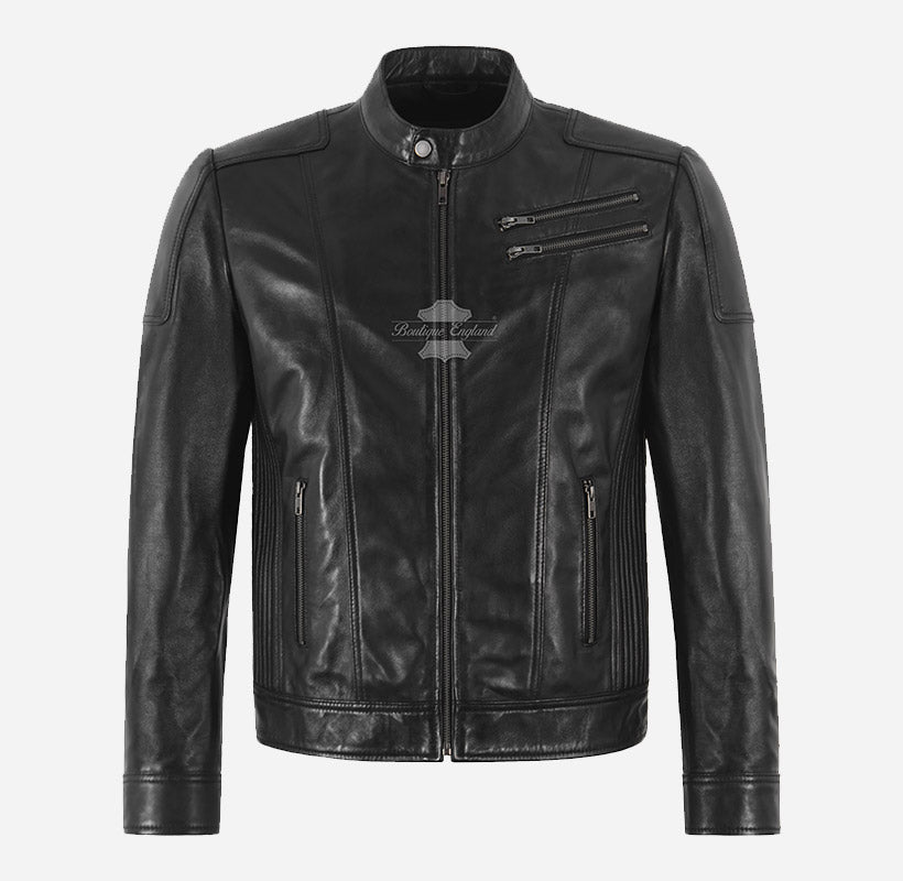 BANNING Men's Leather Racer Jacket in Black