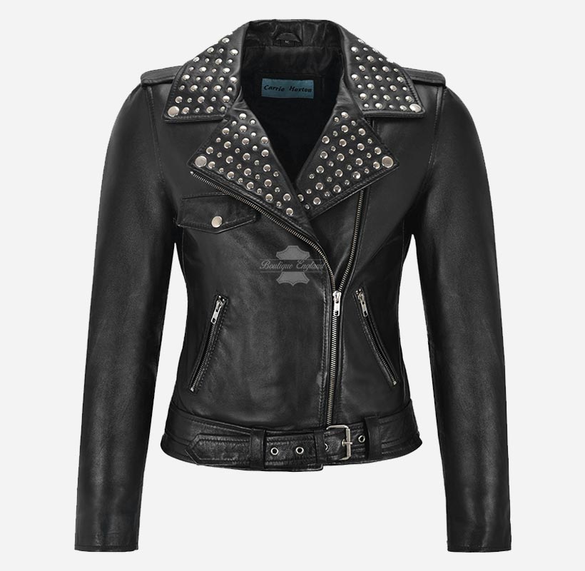 BRANDO Ladies Studded Collar Leather Biker Jacket Fitted Jacket