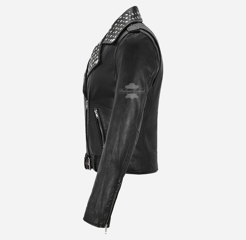 BRANDO Ladies Studded Collar Leather Biker Jacket Fitted Jacket
