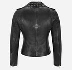 BRANDO Ladies Studded Collar Leather Biker Jacket Fitted Jacket