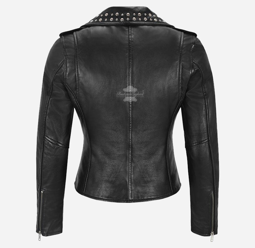 BRANDO Ladies Studded Collar Leather Biker Jacket Fitted Jacket