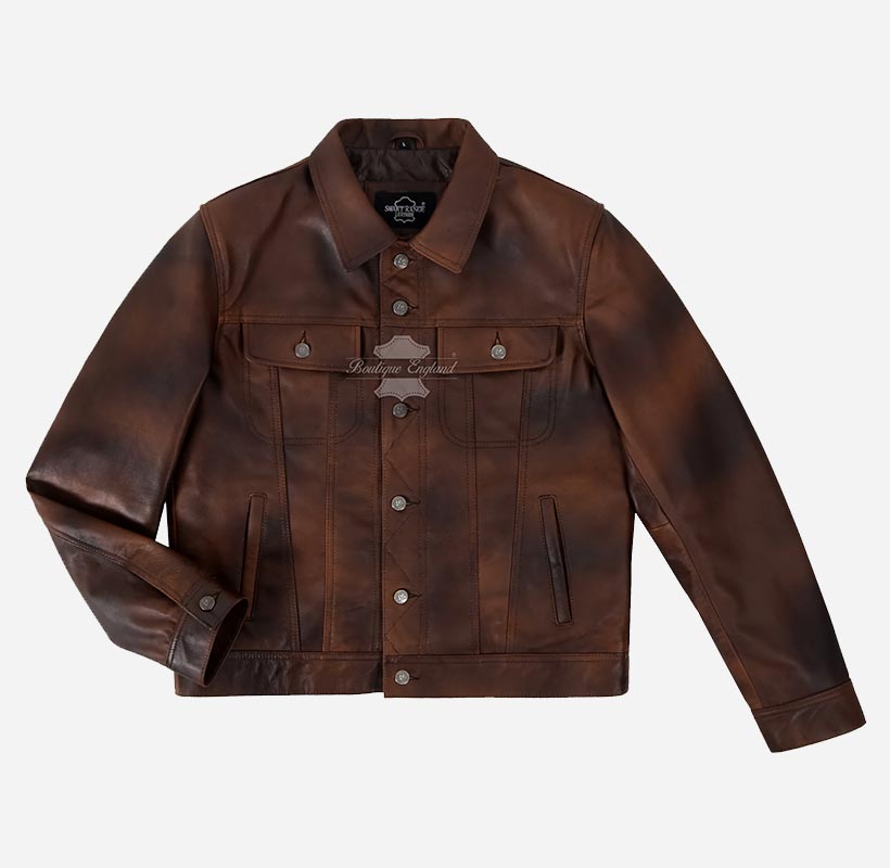 CARVO Men's Leather Trucker Jacket Brown Vintage