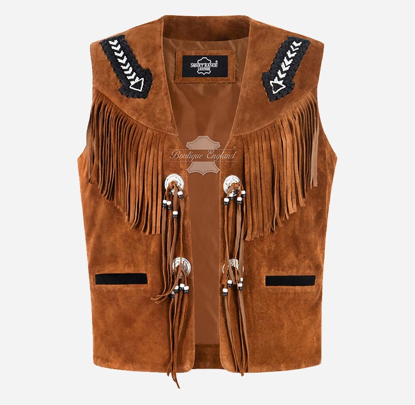 DRAYZ Men's Western Suede Fringe Leather Vest