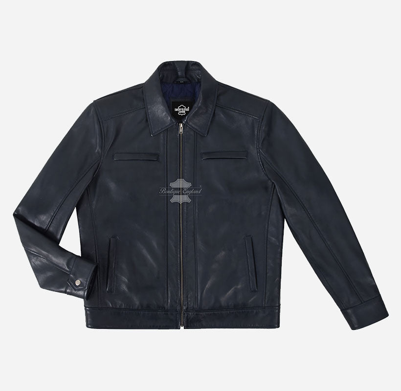 SWAY Men's Collared Leather Jacket in Navy