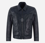 SWAY Men's Collared Leather Jacket in Navy