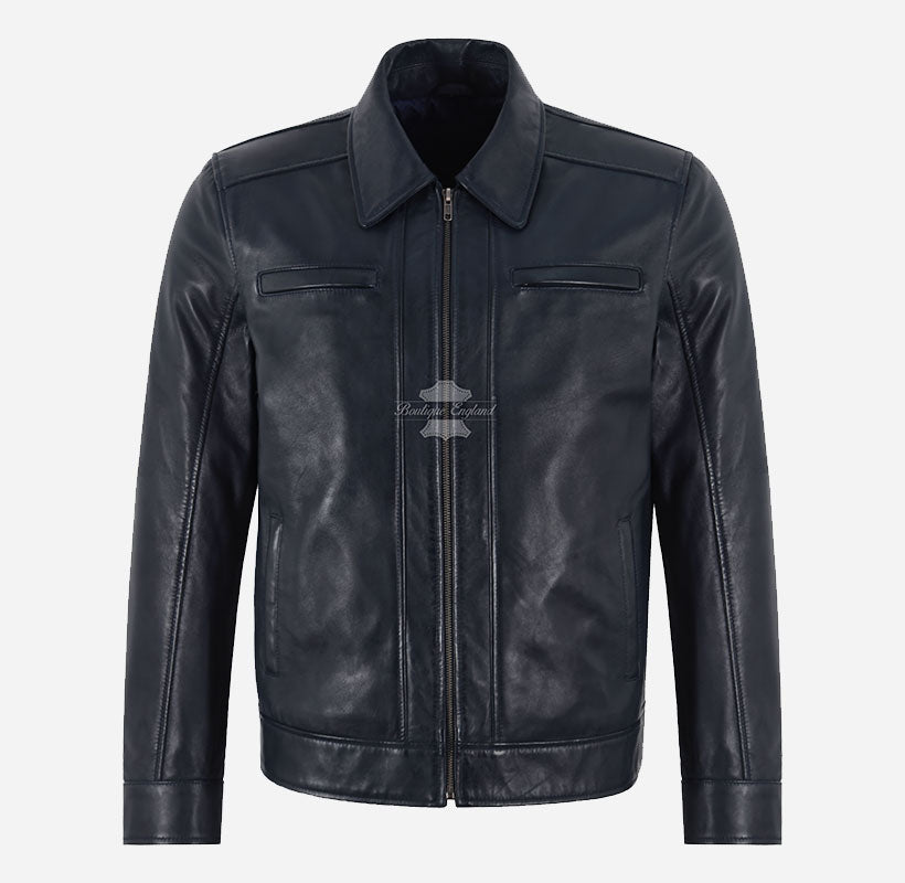 SWAY Men's Collared Leather Jacket in Navy