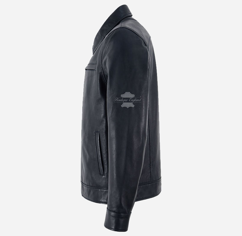 SWAY Men's Collared Leather Jacket in Navy
