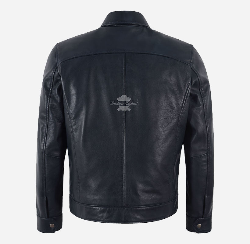 SWAY Men's Collared Leather Jacket in Navy