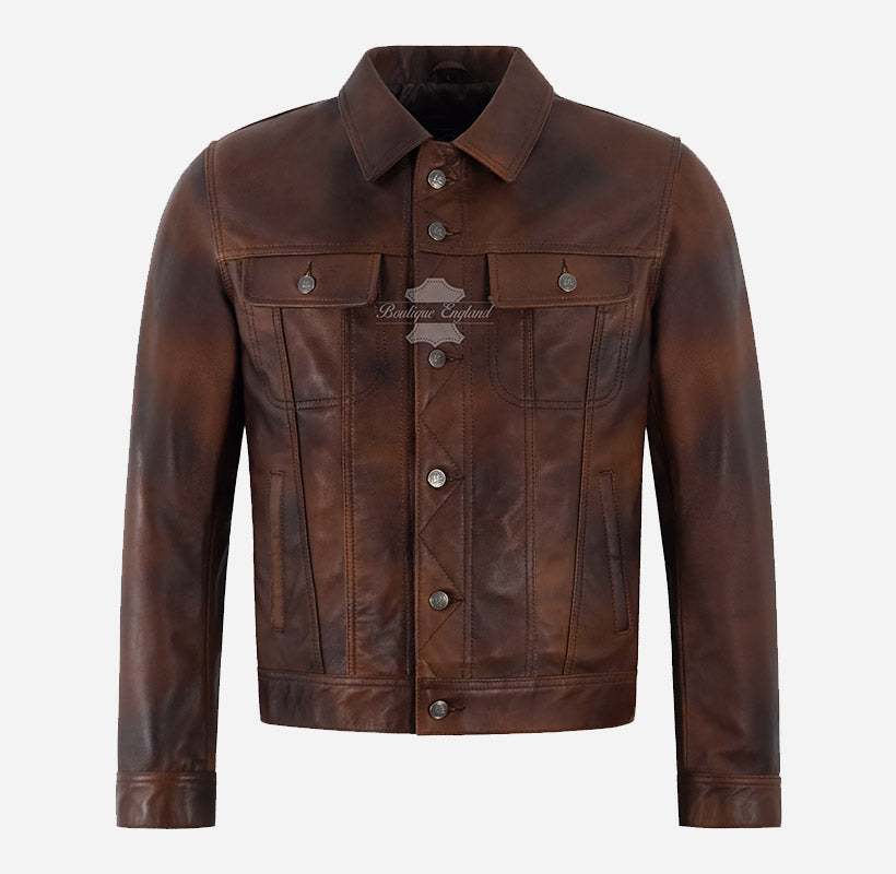 CARVO Men's Leather Trucker Jacket Brown Vintage