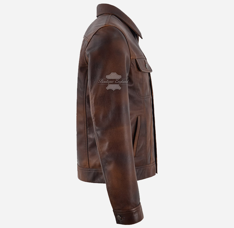 CARVO Men's Leather Trucker Jacket Brown Vintage