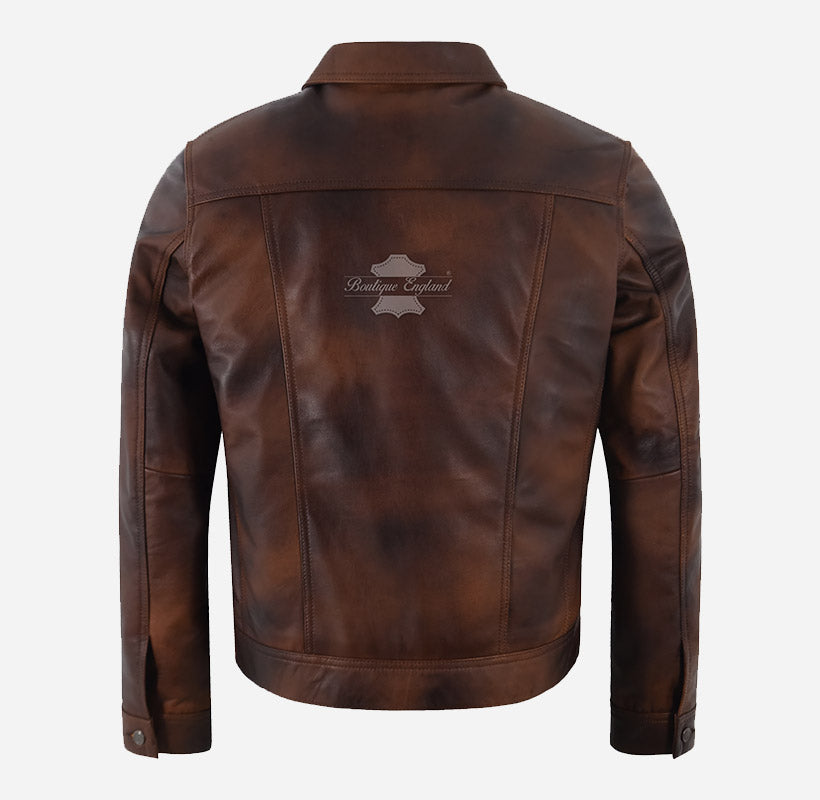 CARVO Men's Leather Trucker Jacket Brown Vintage