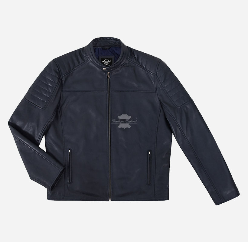 EIRIS Men's Leather Racer Jacket in Navy Blue