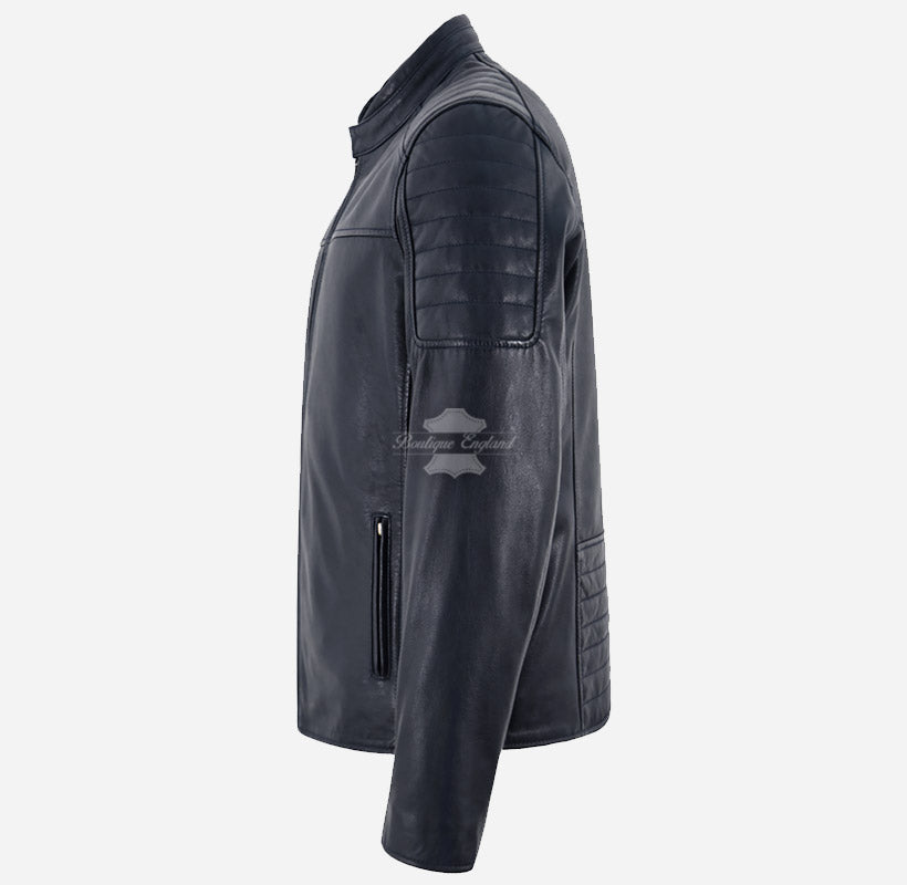 EIRIS Men's Leather Racer Jacket in Navy Blue