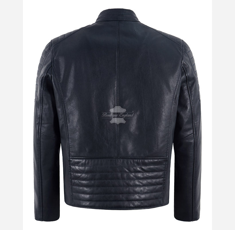EIRIS Men's Leather Racer Jacket in Navy Blue