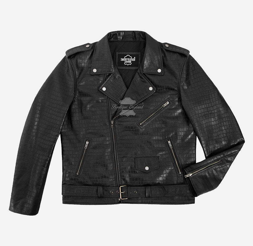 THROTTLE Men's Croc Print Leather Biker Jacket
