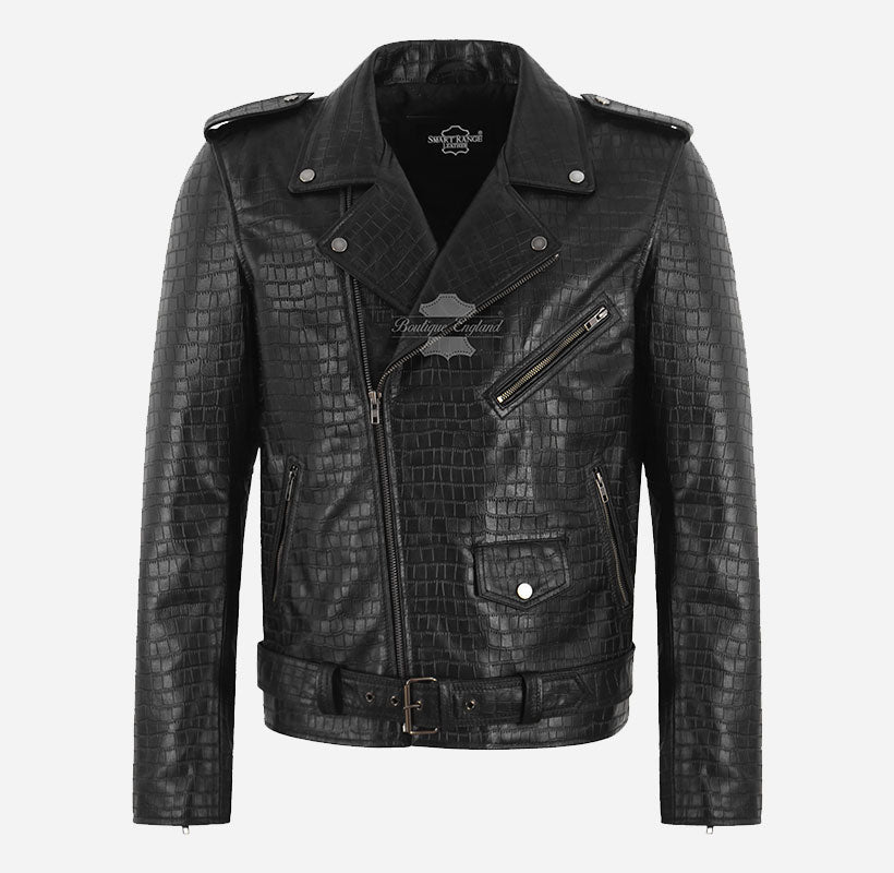 THROTTLE Men's Croc Print Leather Biker Jacket