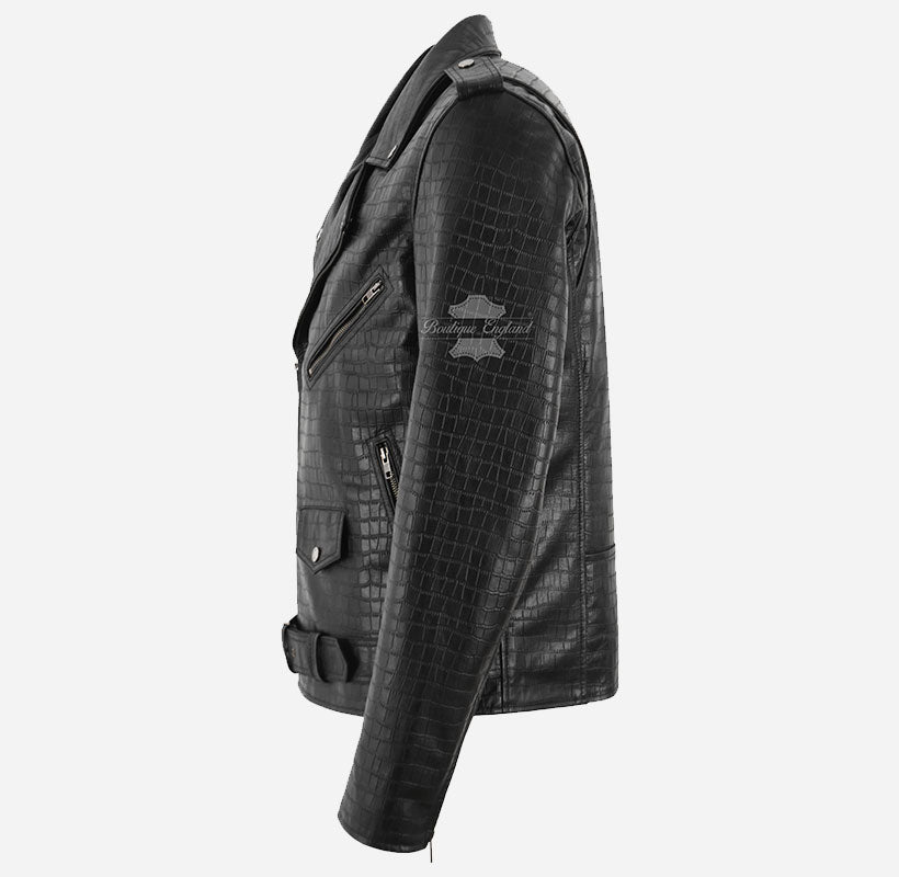 THROTTLE Men's Croc Print Leather Biker Jacket