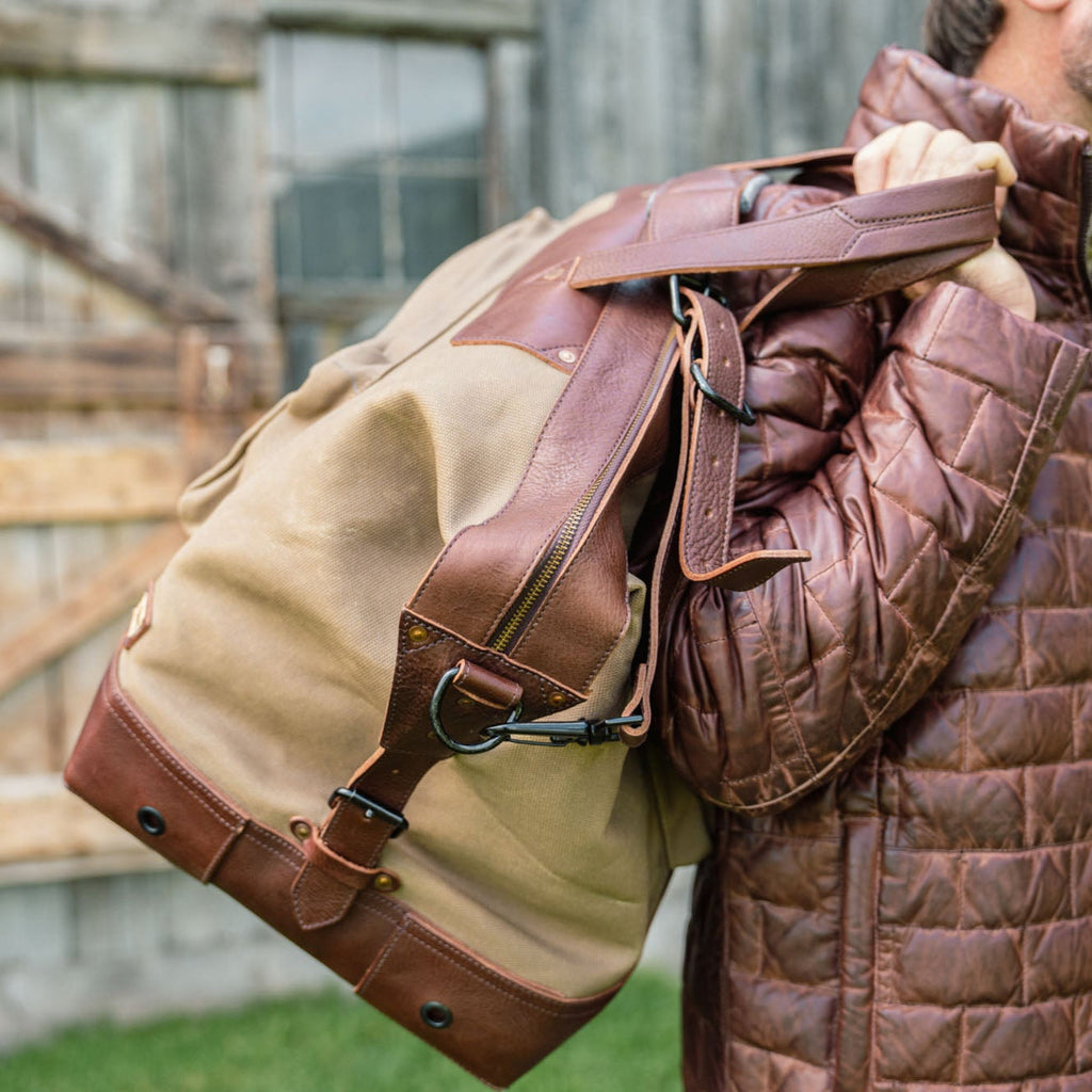 Dakota Waxed Canvas Oversized Weekend Bag | Field Khaki w/ Chestnut Brown Leather