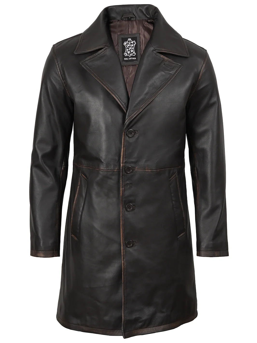 Men's Real Leather 3 4 Length Dark Brown Car Coat