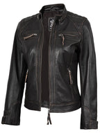 Diamond Women Rub Off Brown Leather Jacket