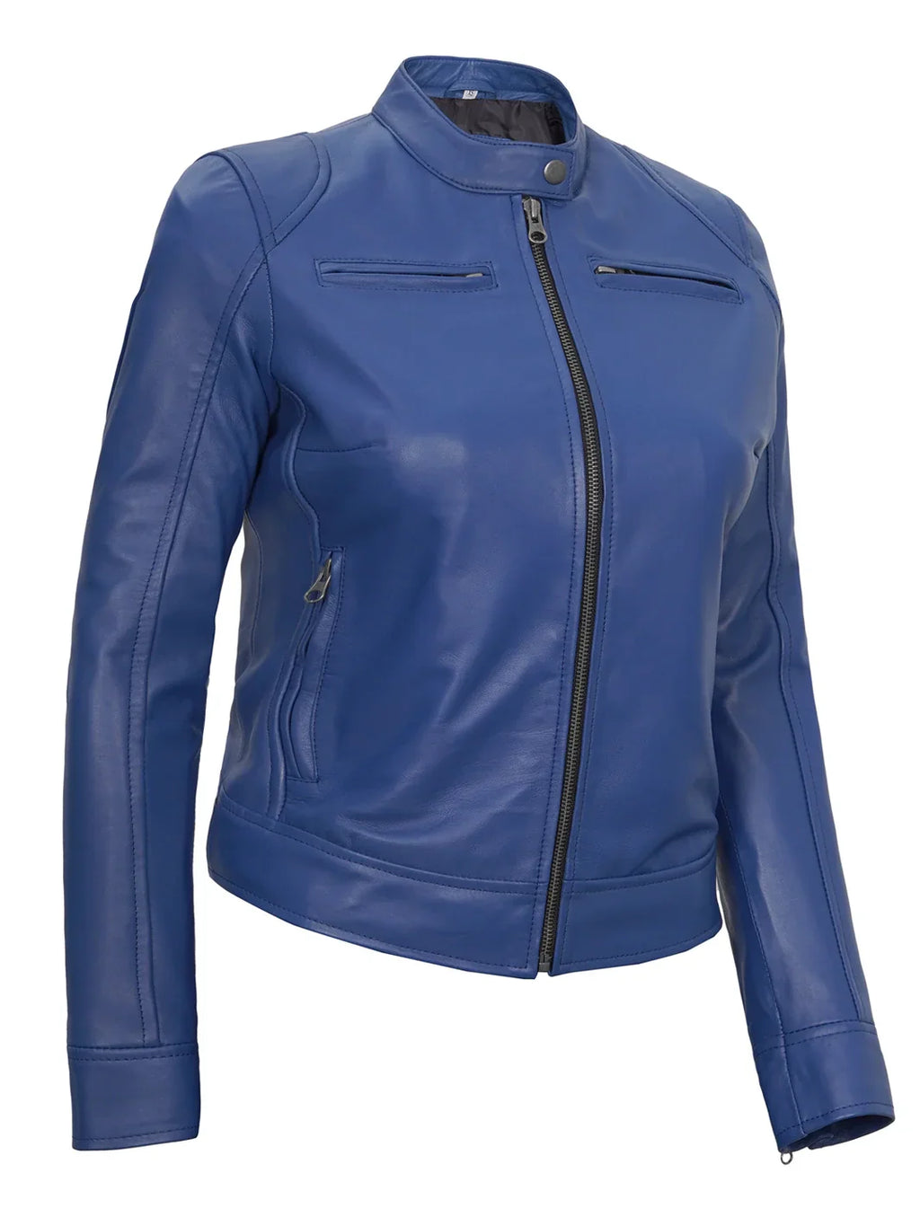 Dodge Women's Blue Leather Cafe Racer Style Jacket