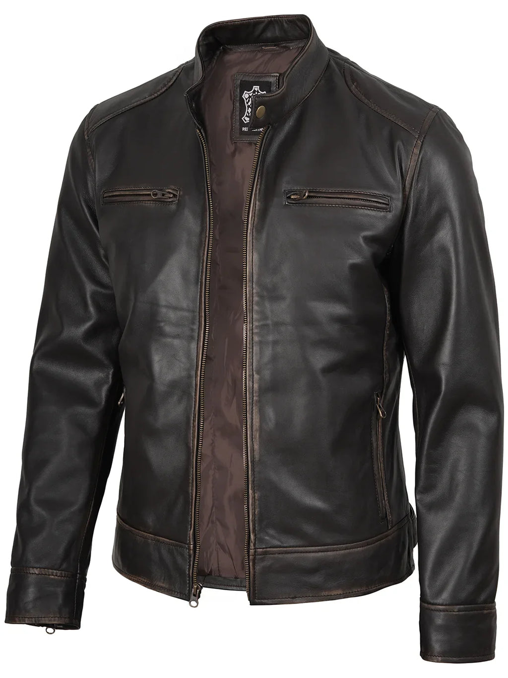 Dodge Men's Rub-Off Dark Brown Cafe Racer Style Leather Jacket