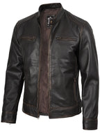 Dodge Men's Rub-Off Dark Brown Cafe Racer Style Leather Jacket