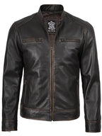 Dodge Men's Rub-Off Dark Brown Cafe Racer Style Leather Jacket