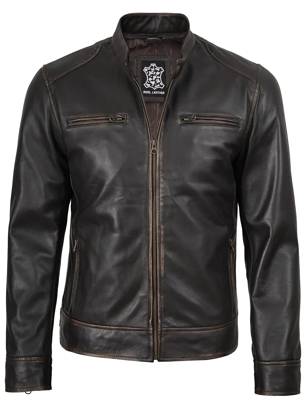 Dodge Men's Rub-Off Dark Brown Cafe Racer Style Leather Jacket