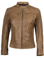 Women's Dodge Camel Brown Cafe Racer Leather Jacket