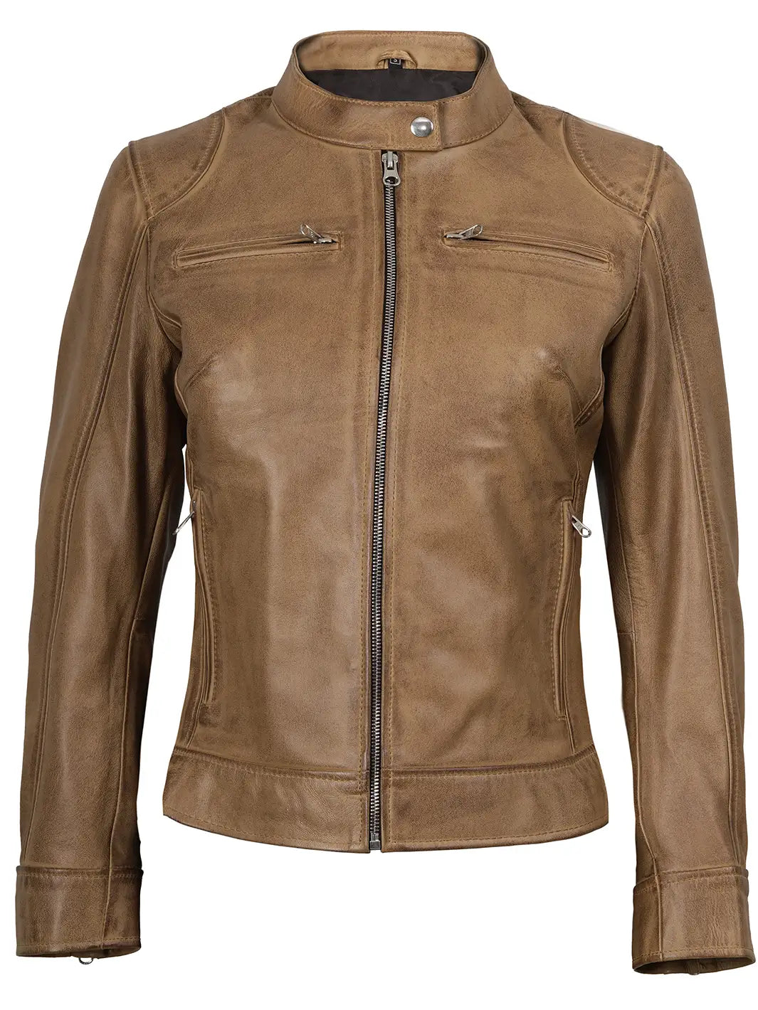 Women's Dodge Camel Brown Cafe Racer Leather Jacket