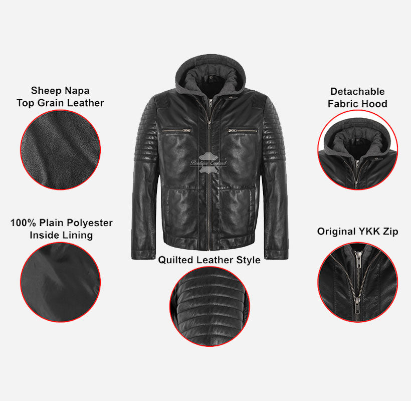 CLARK Men's Leather Hooded Jacket with Removeable Fabric Hoodie