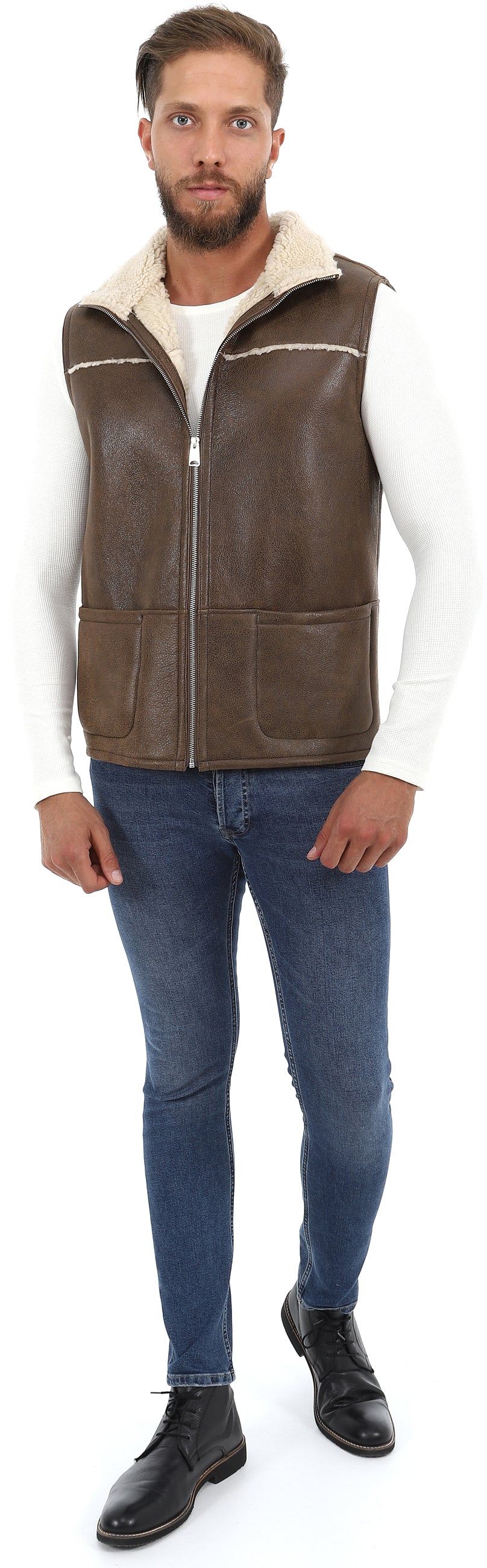 Men's Sheepskin Waistcoat, Vinatge Camel with Beige Curly Wool