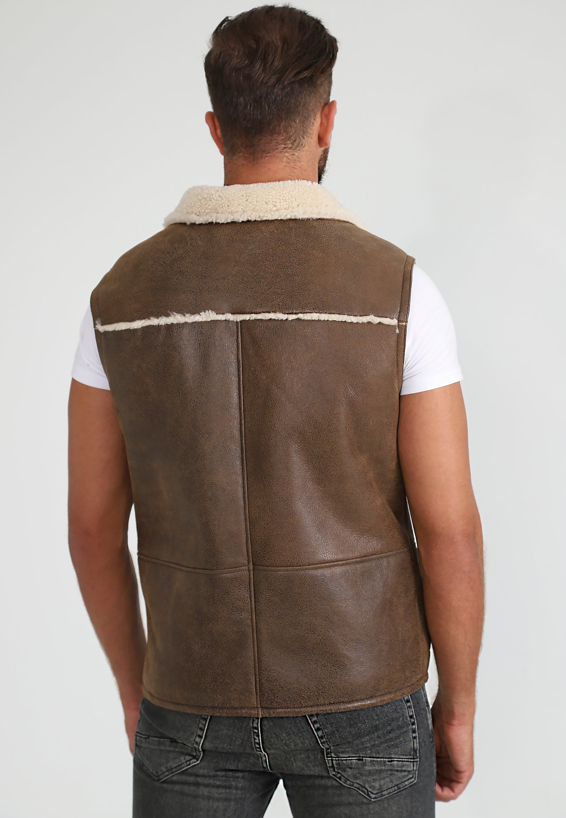 Men's Sheepskin Waistcoat, Vinatge Camel with Beige Curly Wool