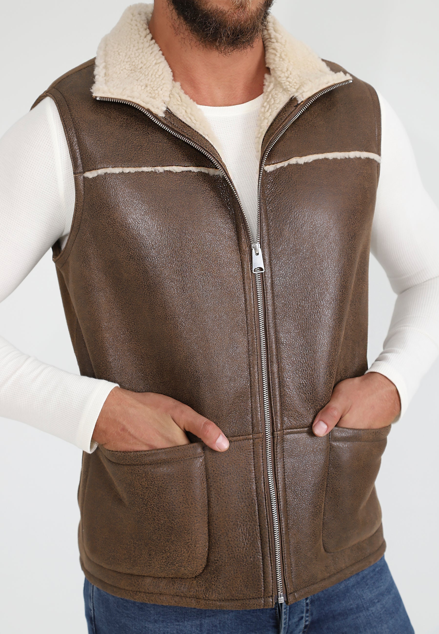 Men's Sheepskin Waistcoat, Vinatge Camel with Beige Curly Wool