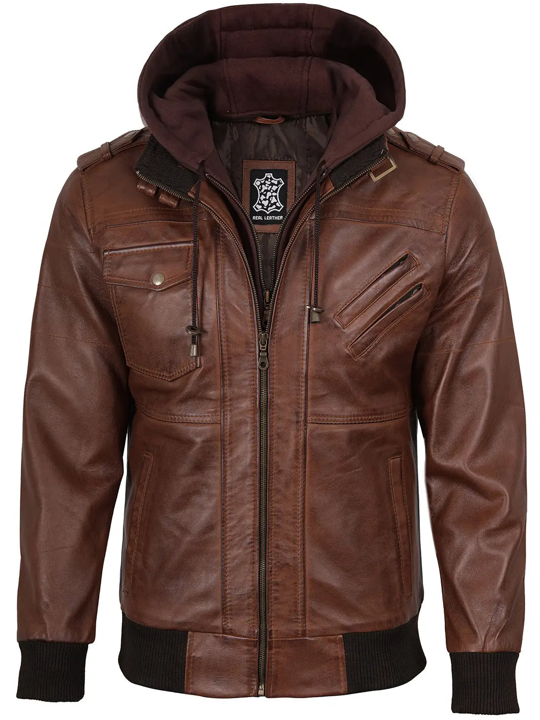 Edinburgh Mens Brown Bomber Leather Jacket With Removable Hood