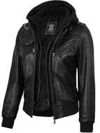 Edinburgh Women's Bomber Black Leather Jacket with Removable Hood