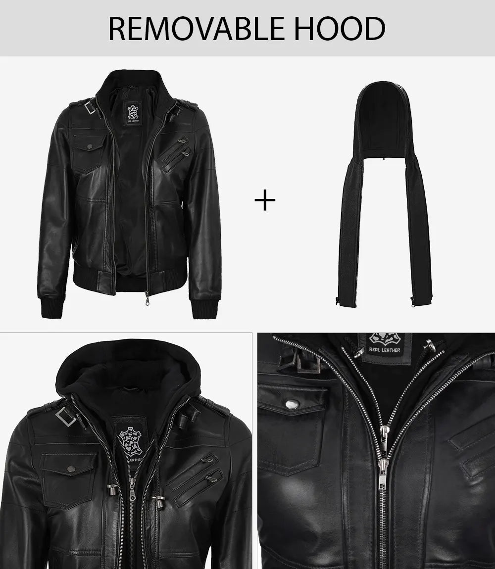Edinburgh Women's Bomber Black Leather Jacket with Removable Hood