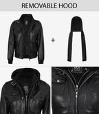 Edinburgh Women's Bomber Black Leather Jacket with Removable Hood